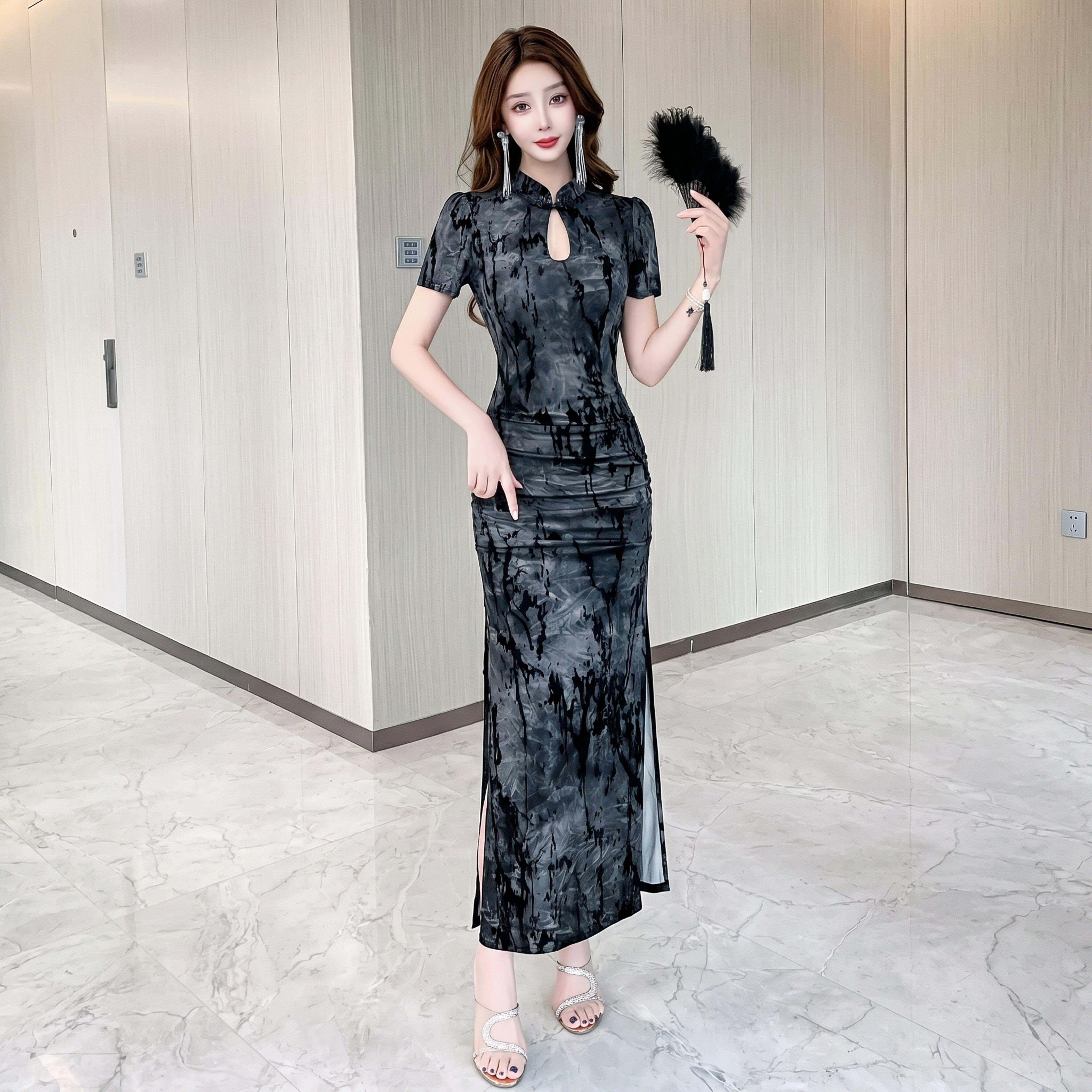黑色减龄旗袍女新中式国风长裙晚礼服高级感柔式技师工作服连衣裙图片