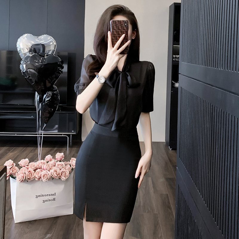 黑色衬衫短袖雪纺衬衣酒店前台接待工作服气质高端礼仪职业套装夏