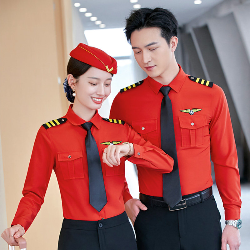 职业装男女同款衬衣航空飞行员空姐制服机长空少乐队长短袖红衬衫