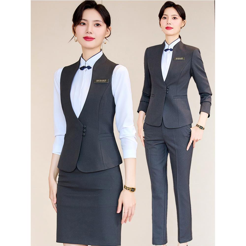 酒店餐饮服务员工作服中国风酒吧前台接待高端职业西装马甲套装女图片