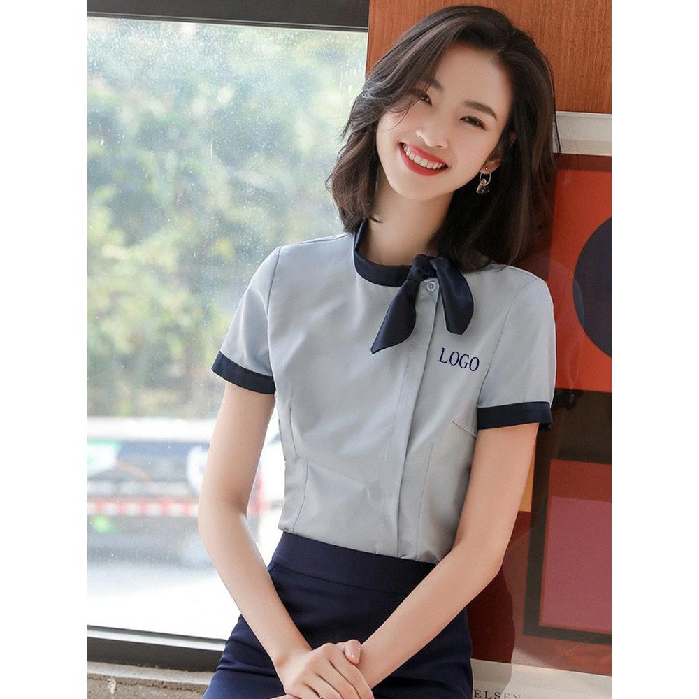 短袖衬衫女夏季气质职业套装衬衣工装饭店服务员前台收银工作服薄