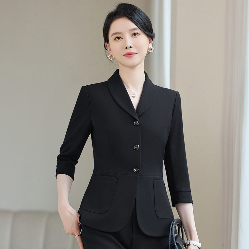 黑色中袖西装外套女薄款三粒扣夏季新款职业装酒店经理前台工作服