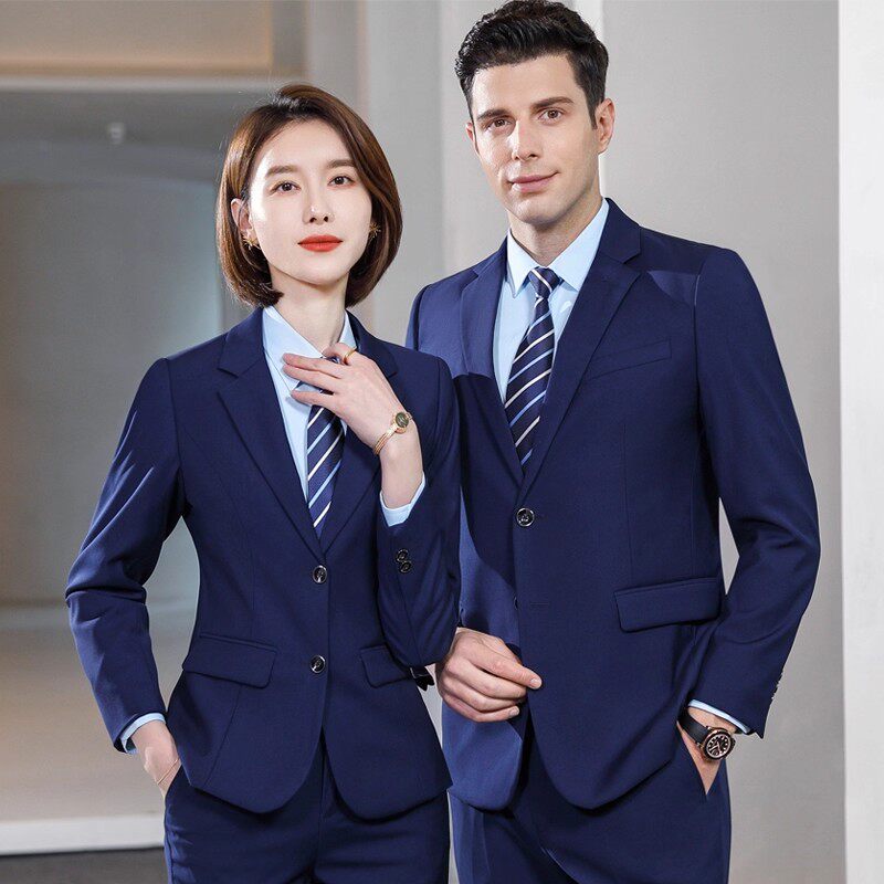 蓝色西装套装男士商务正装男女同款职业装工作服马甲西服工装外套