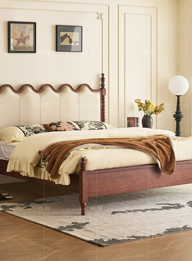 美式中古风实木床白蜡木主卧高级感1.8米双人床法式床复古软包床