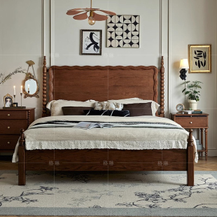 法式中古风白蜡木实木床主卧大床1.8米双人床美式复古波浪涟漪床