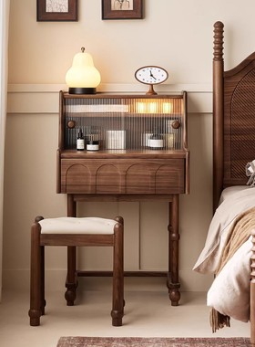 黑胡桃木梳妆台带抽屉迷你法式中古风卧室纯实木化妆桌小户型原木