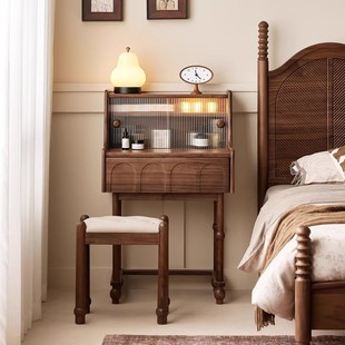 黑胡桃木梳妆台带抽屉迷你法式中古风卧室纯实木化妆桌小户型原木