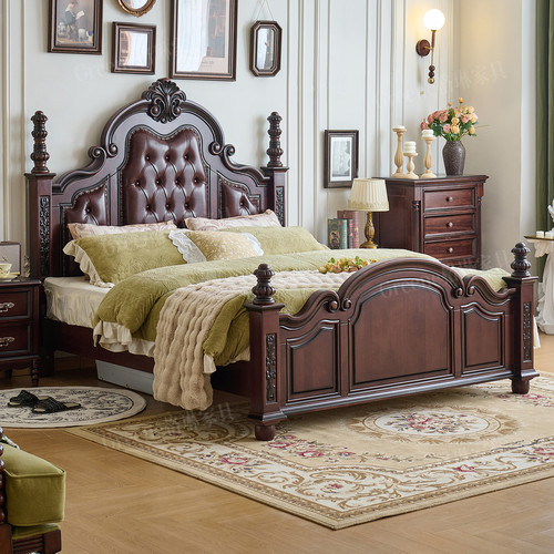 格琳美式乡村复古胡桃木全实木床1米8主卧大床高端双人头层牛皮床