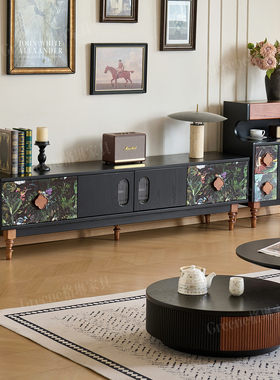 法式复古白蜡木实木电视柜落地靠墙客厅中古风影视柜储物收纳柜