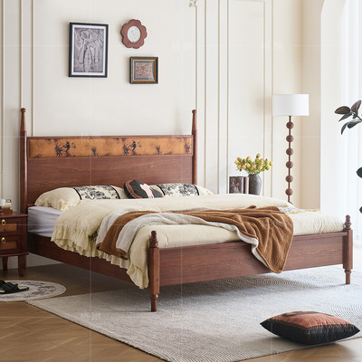 法式复古实木床白蜡木卧室中古风1.8米双人床高端美式黑色软包床