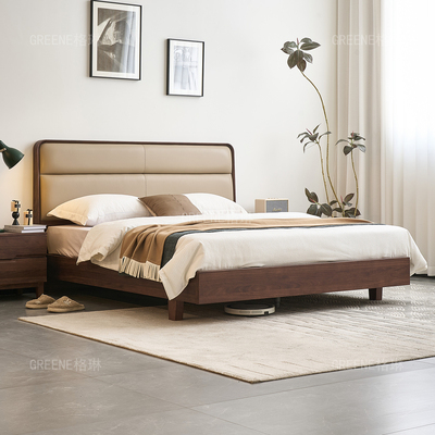 中古风实木床轻奢真皮床胡桃木双人床1.8米小户型齐边床卧室家具
