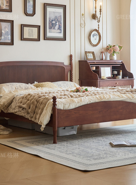 法式复古实木床中古风1米8主卧床小户型家用双人床白蜡木美式大床