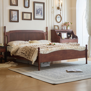 法式复古实木床中古风1米8主卧床小户型家用双人床白蜡木美式大床