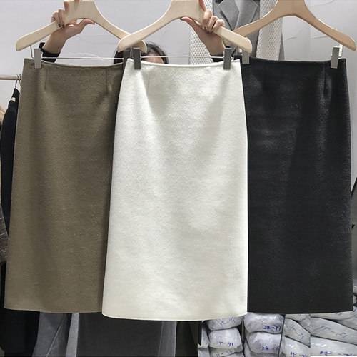 双面毛呢半身裙中长款开叉一步裙