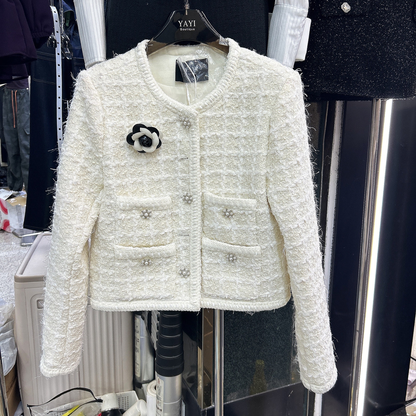 小香风外套女2025新款秋季重工格纹粗花呢编织口袋白色气质上衣,女装/女士精品,短外套,淘宝优惠券,粉丝福利购,淘宝优惠卷