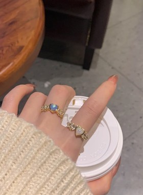网红猫眼石戒指爱心心形法式温柔精致锆石满钻叠戴减龄开口指环
