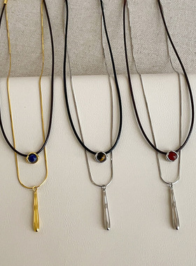 设计感水滴天然石皮绳双层项链女简约个性独特时尚潮流颈链毛衣链