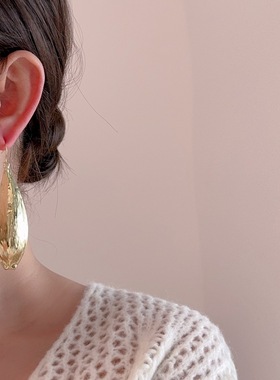 轻奢高级感独特设计肌理纹树叶耳环女小众极简拉丝长款耳夹耳饰品