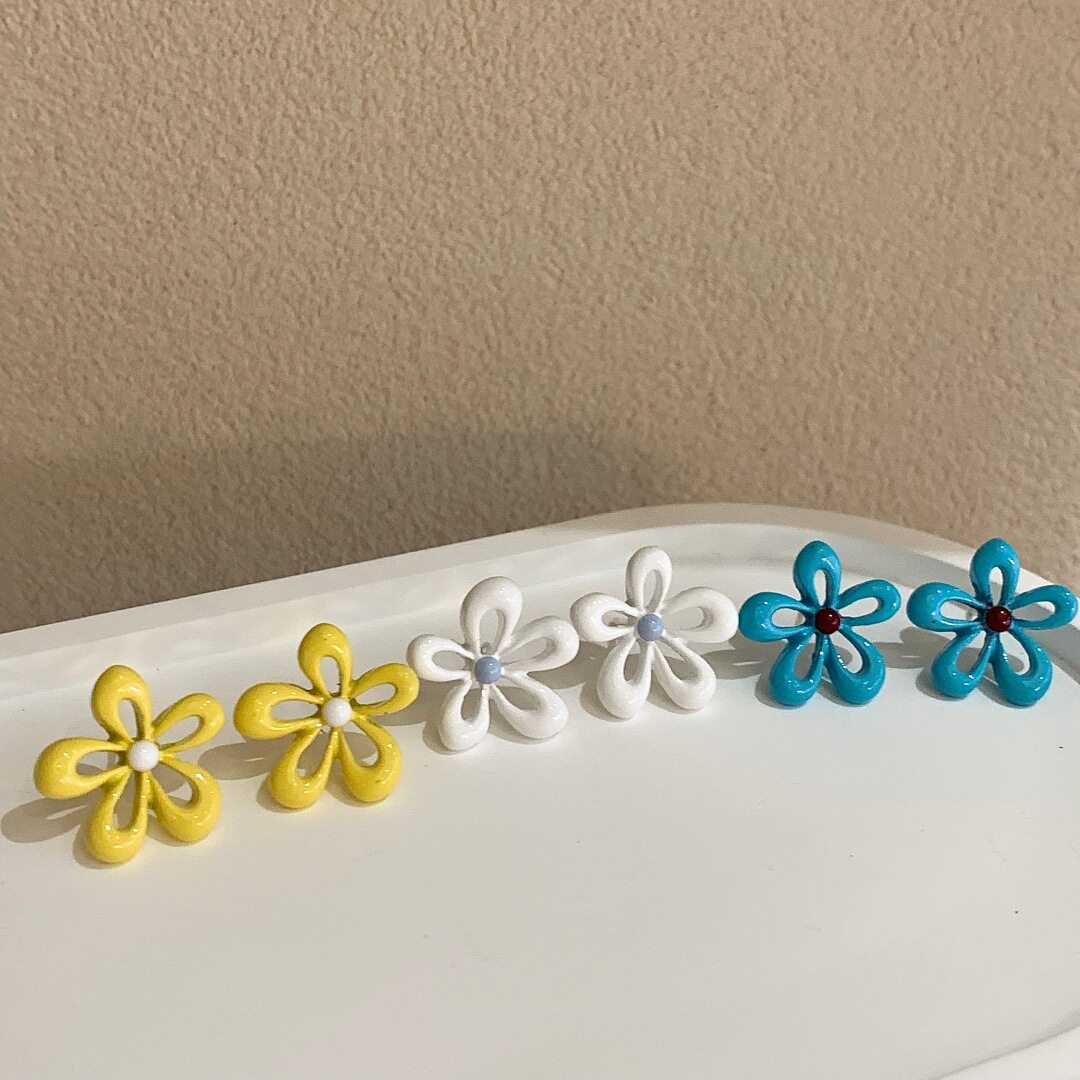 韩国东大门新款彩色小花耳钉树脂元气撞色春夏耳环耳饰女925银针