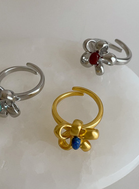 设计感天然石花蕊哑光花朵戒指复古轻奢时尚潮流气质百搭指环戒子