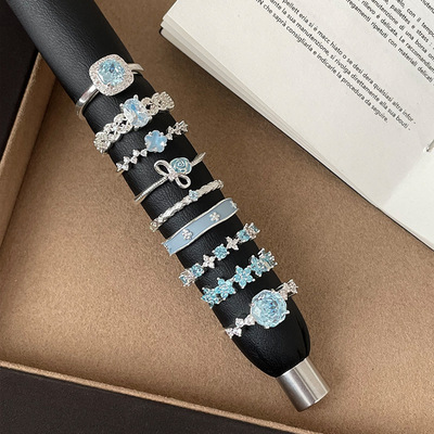 海盐冰透蓝白水晶花朵蝴蝶结戒指女轻奢高级感个性时尚指环戒子