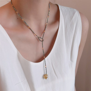 新中式灰绿色天然石项链女时尚复古彩色串珠毛衣链国风锁骨链颈链