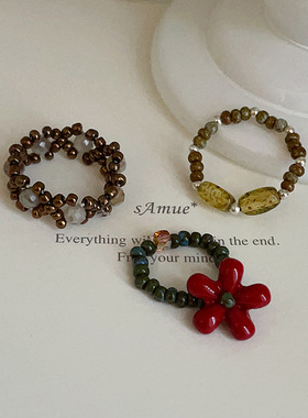 复古个性花朵弹力绳串珠戒指女气质独特小众时尚潮流百搭指环戒子