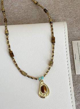 美拉德虎眼石几何金属吊坠串珠项链女高级感轻奢百搭颈链毛衣链