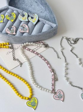 彩色滴釉爱心齿轮土星吊坠项链耳