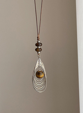 设计感羽毛虎眼石棕绳抽拉项链女复古轻奢时尚潮流百搭颈链毛衣链