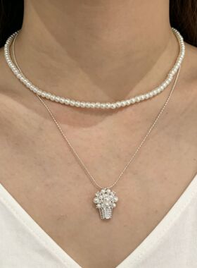韩系银色双层叠戴篮子吊坠项链女款高级感轻奢小众锁骨链新款配饰