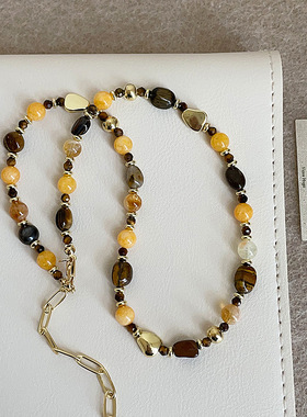 彩色天然石水晶串珠项链女美拉德复古轻奢高级时尚潮流颈链毛衣链