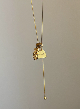 金色葡萄串流苏包包虎眼石抽拉项链女轻奢百搭时尚潮流颈链毛衣链