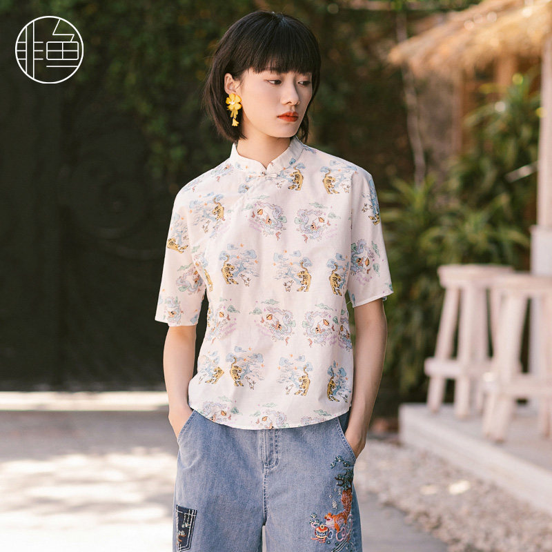 非鱼夏季新款文艺国潮印花改良旗袍领五分袖衬衫女中国风上衣
