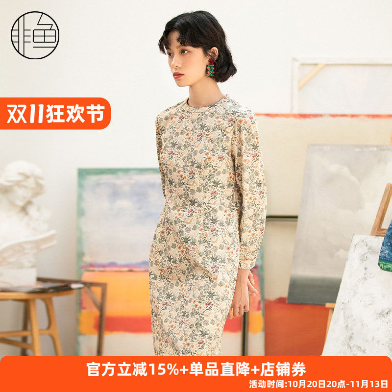 非鱼文艺复古印花连衣裙秋季新款套头裙单穿打底女装气质裙子