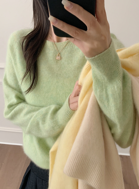 韩系插肩袖宽松圆领一体机拉毛针织打底bl068