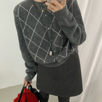 GRAND BOUL-法式复古格纹圆领宽松保暖毛衣（含100羊毛）52808