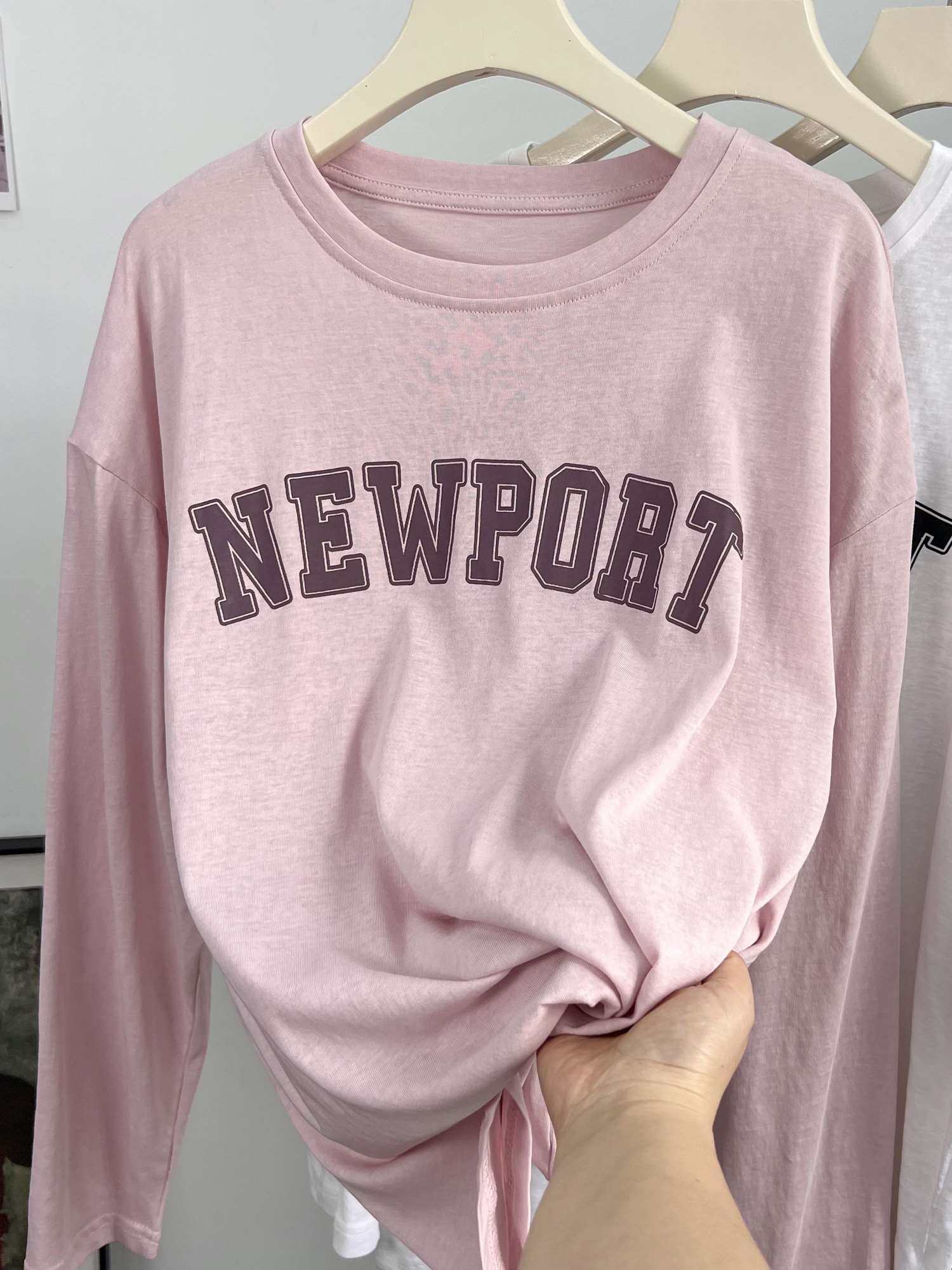 宽松舒适休闲长袖t恤女春夏薄款柔软竹节棉字母印花防晒洋气上衣