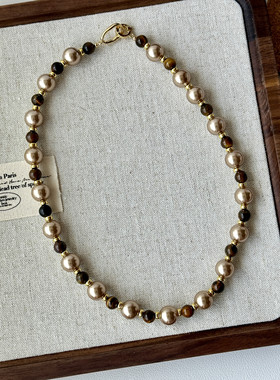 秋冬新款美拉德风虎眼石摩卡金棕色珍珠混彩项链高级轻奢毛衣链女