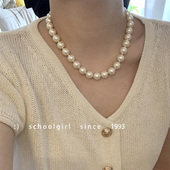 奶油白复古法式 打结干枯玫瑰色S925纯银元 宝扣珍珠项链锁骨链