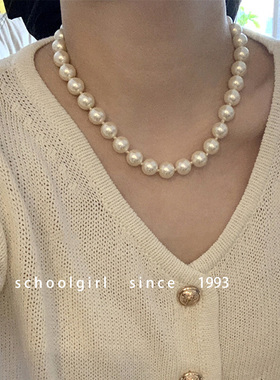 奶油白复古法式打结干枯玫瑰色S925纯银元宝扣珍珠项链锁骨链