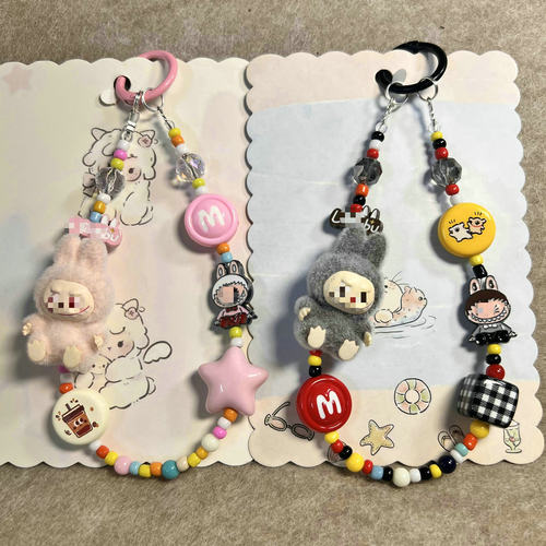 diy礼品原创手工植绒萌粒labub手机壳挂绳拉布手机链包包钥匙挂件