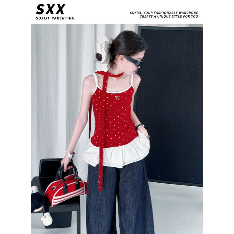 2026女童春秋夏季新款甜辣绑带红色花边波点吊带蓝色阔腿裤套装