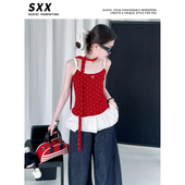 套装 甜辣绑带红色花边波点吊带蓝色阔腿裤 新款 2026女童春秋夏季