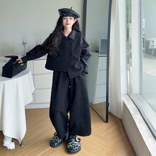 女童长袖衬衫叠穿马甲2025秋款儿童时髦亮闪闪休闲裤洋气三件套