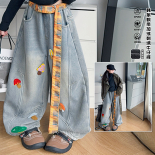 美式复古刺绣加绒加厚牛仔裤女童2025秋冬新款拖地阔腿裤弯刀裤