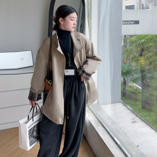 女童2025冬季新款撞色格子风衣外套宽松休闲加棉百搭英伦风大衣