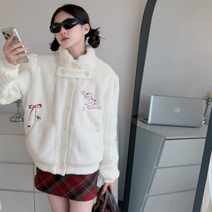 小个子半高领毛衣外套女童2025秋冬新款水貂绒加绒加厚针织开衫