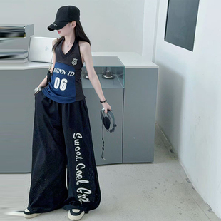 韩版美式辣妹球衣挂脖吊带背心女童2026夏季新款街舞爵士舞套装