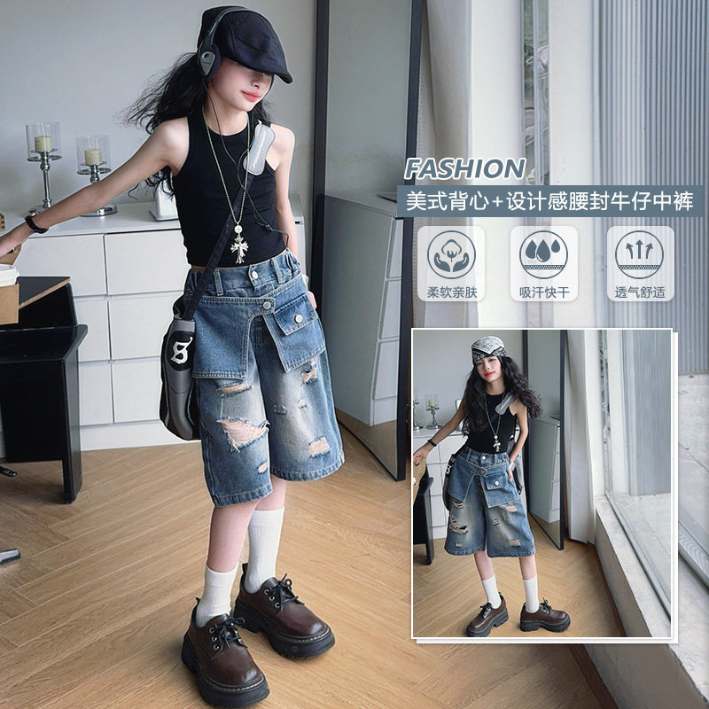 女童马鞍设计牛仔裤套装夏季2026新款儿童洋气短裤韩版休闲五分裤图片